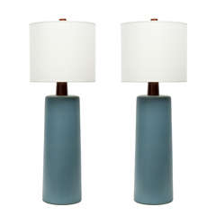 Pair of Large-Scale Slate Blue Ceramic Lamps by Gordon Martz