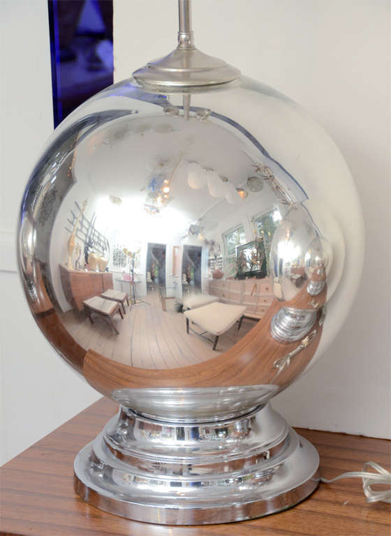 Pair of spherical mercury glass lamps with chrome details