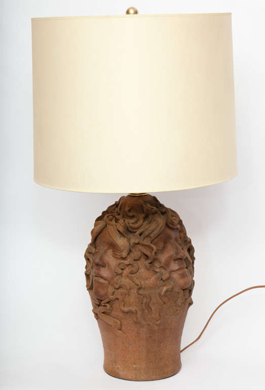 Mid-Century Modern  Table Lamp Mid Century Modern ceramic with faces in relief 1970's For Sale