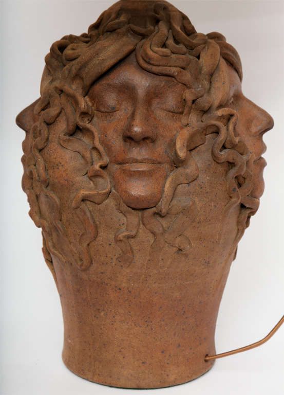 Hand-Crafted Table Lamp Mid Century Modern ceramic with faces in relief 1970's For Sale