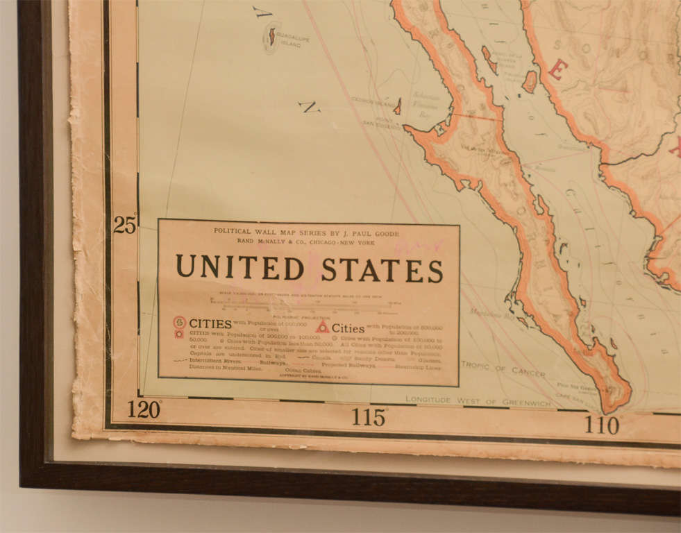 Vintage political map of the United States floating in a custom ebonized oak frame with linen backing + non-reflective glass. Map is by J.Paul Goode for Rand McNally - Chicago.