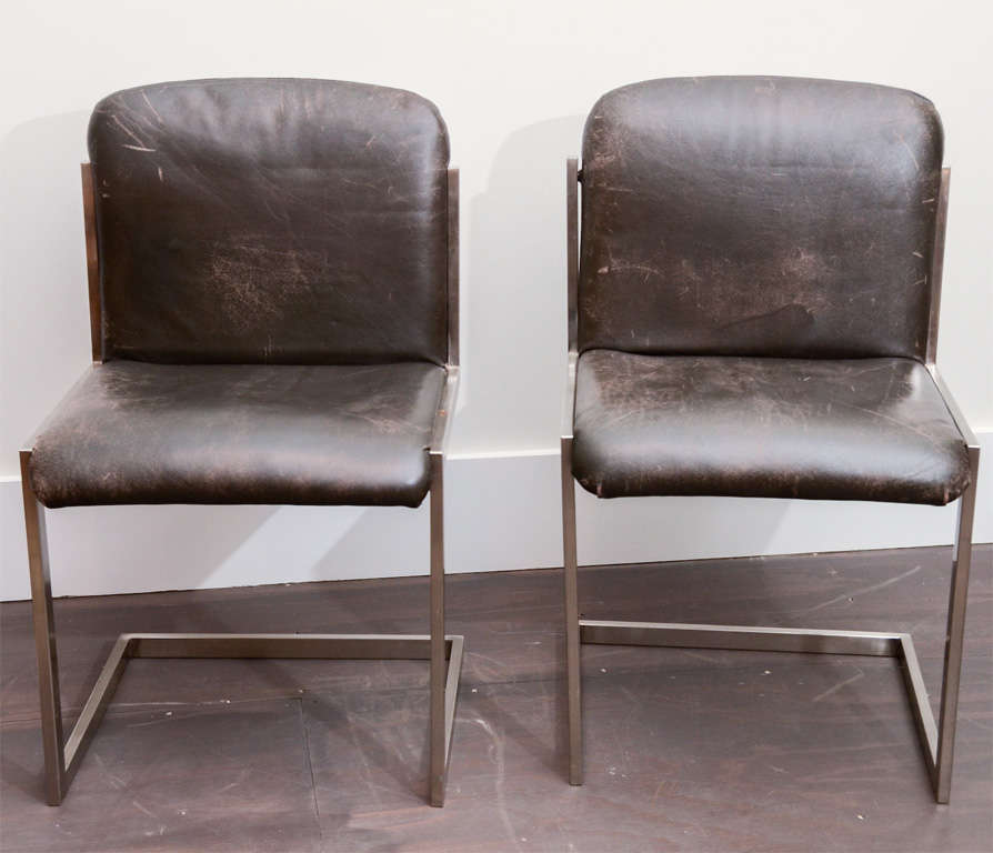 French Set of Four Modernist Steel and Leather Cantilever Chairs, France, circa 1970  For Sale