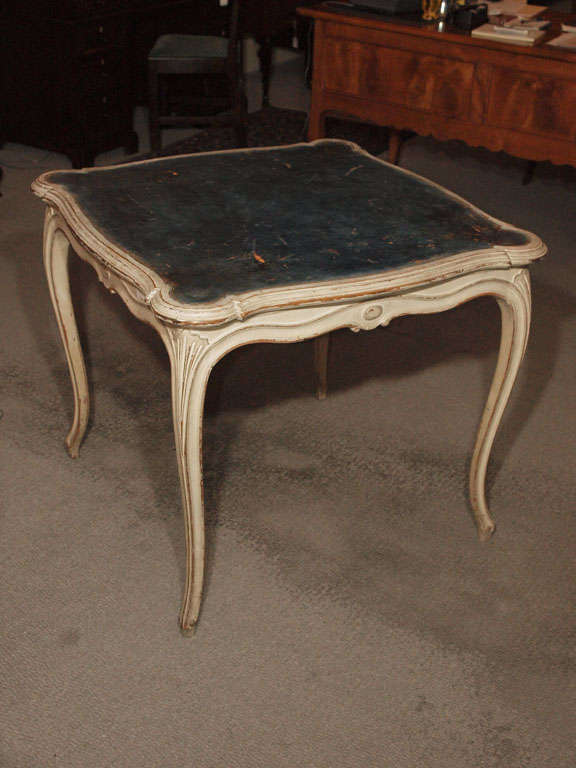 Antique French blue leather games table w/four armchairs. In Good Condition In New Orleans, LA