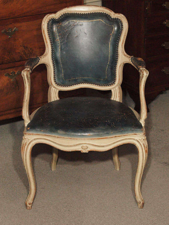 Antique French blue leather games table w/four armchairs. 4