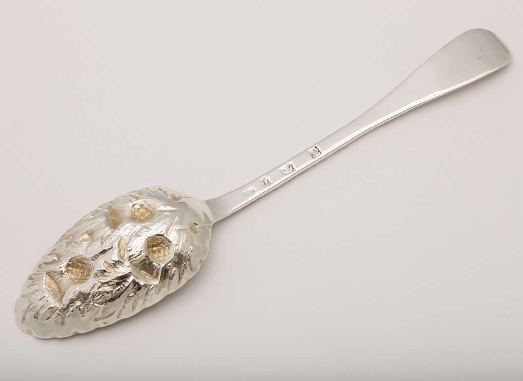 Rare, sterling silver, parcel-gilt, Scotish Georgian berry spoon, Edinburgh, 1763, Lothian & Robertson - makers. Lovely repousse thistles in lightly gilded bowl of spoon; thistle motif is etched on the 