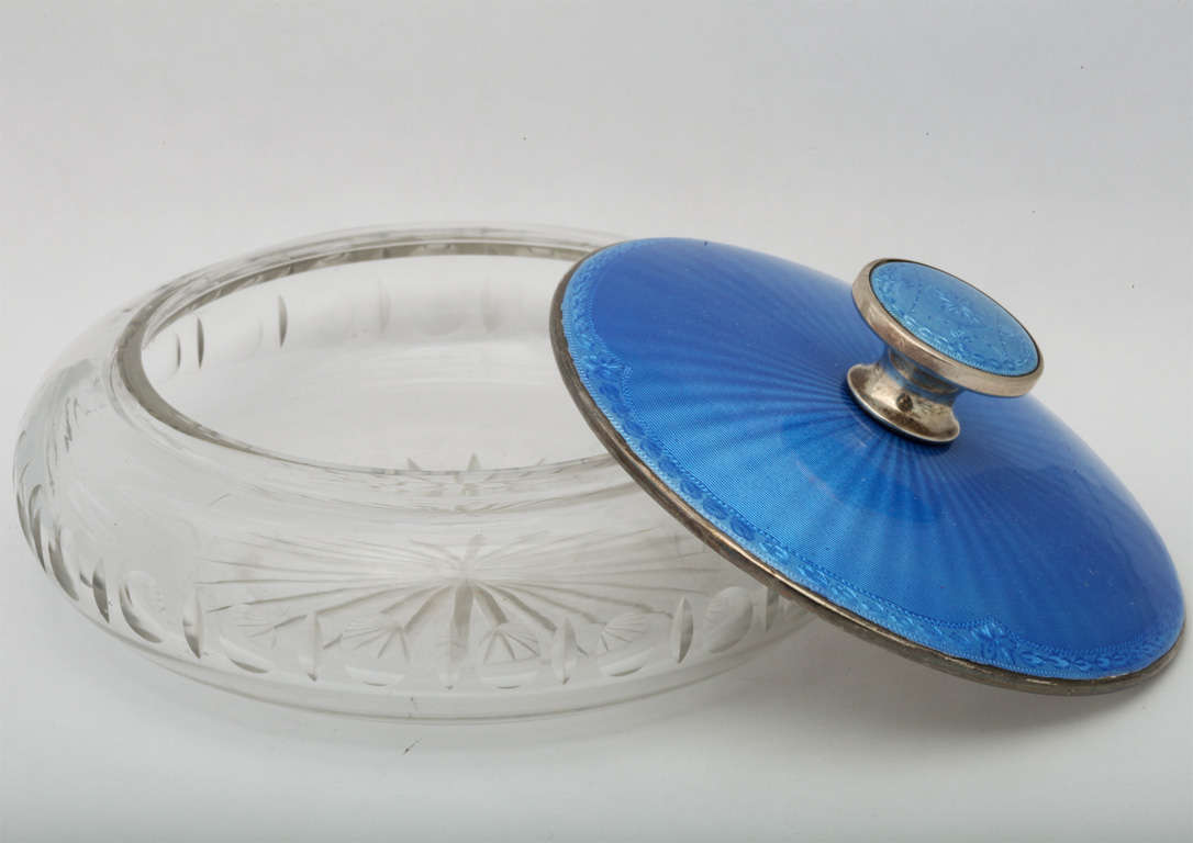 Sterling Silver-Mounted Blue Enamel and Crystal Powder Jar