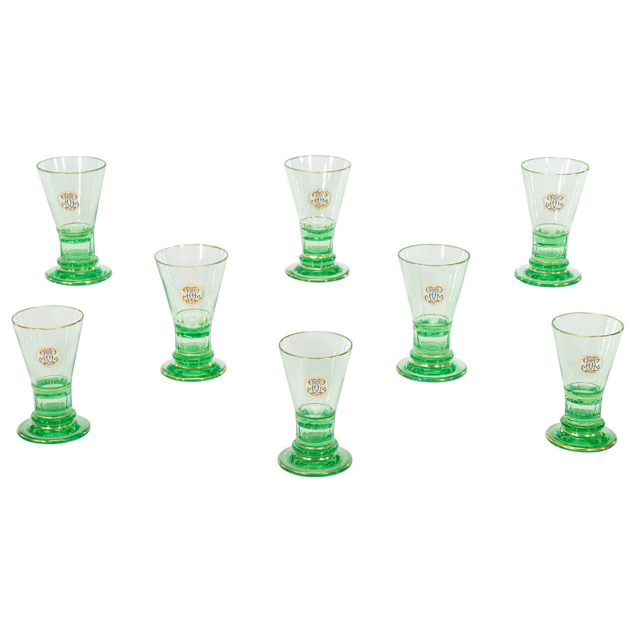 Set of Eight Signed Lobmeyr Apple Green Cocktail Glasses with Enamel Monograms