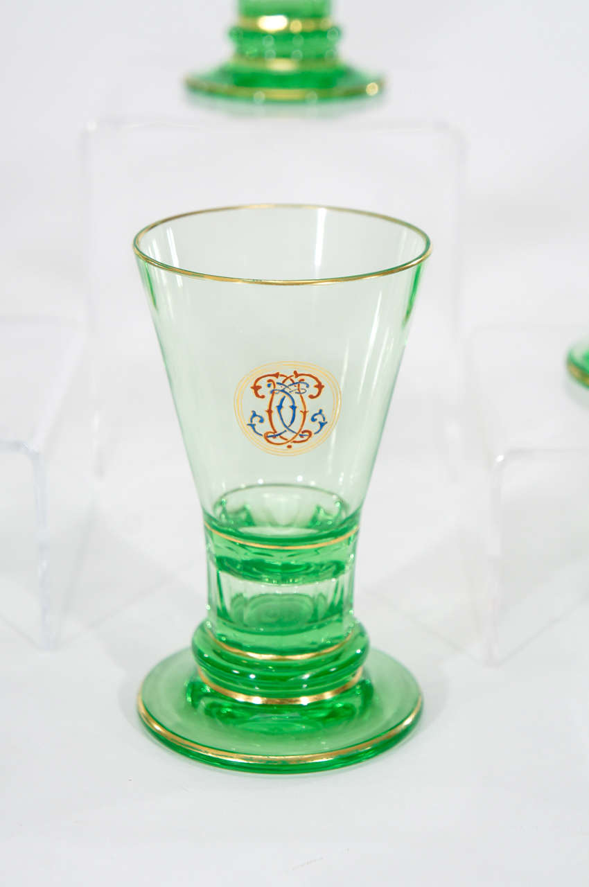 Austrian Set of Eight Signed Lobmeyr Apple Green Cocktail Glasses with Enamel Monograms