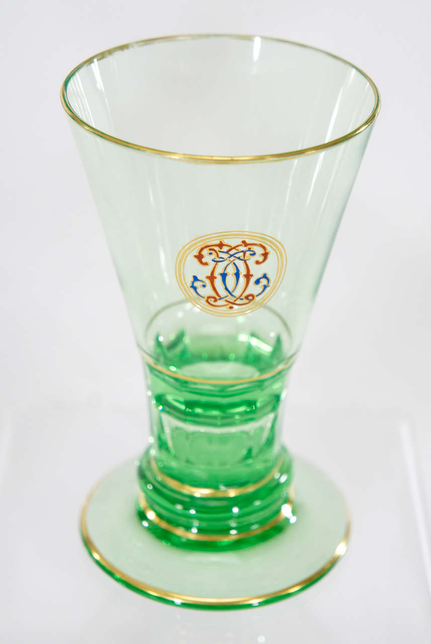 Set of Eight Signed Lobmeyr Apple Green Cocktail Glasses with Enamel Monograms In Excellent Condition In Great Barrington, MA