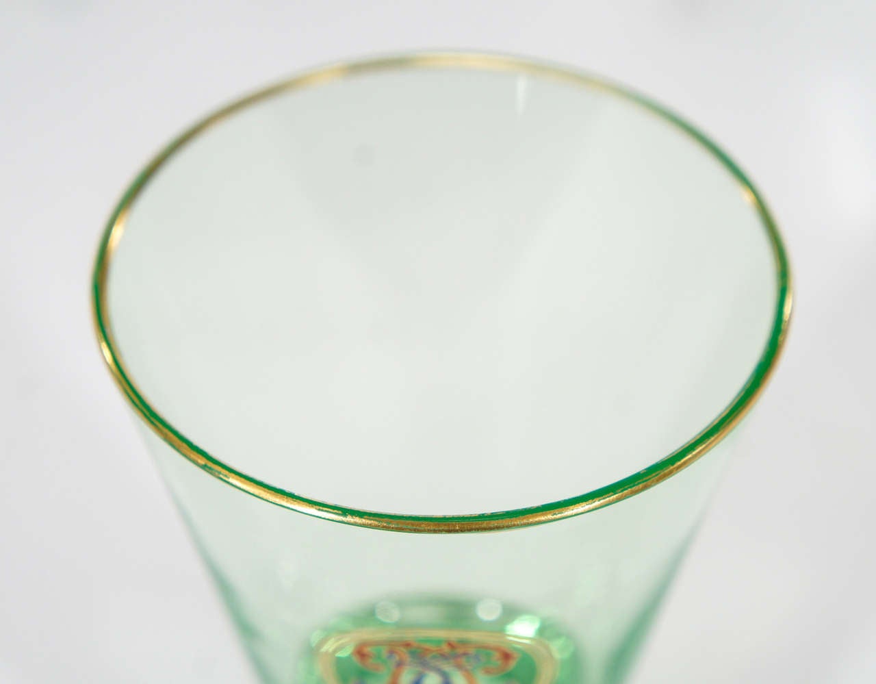 Crystal Set of Eight Signed Lobmeyr Apple Green Cocktail Glasses with Enamel Monograms