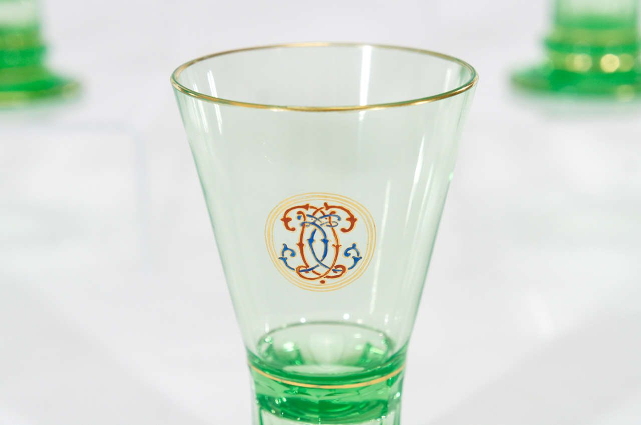 Set of Eight Signed Lobmeyr Apple Green Cocktail Glasses with Enamel Monograms 1