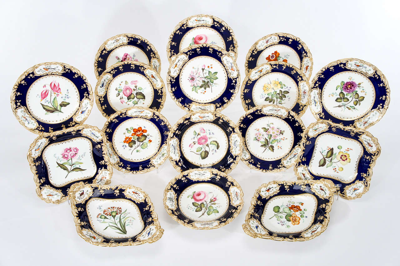A wonderful combination of decorative elements is featured on this lovely dessert service. A rich cobalt ground border is framed within a molded leaf border enriched with parcel gilt. The centers are hand painted botanical specimens in their natural