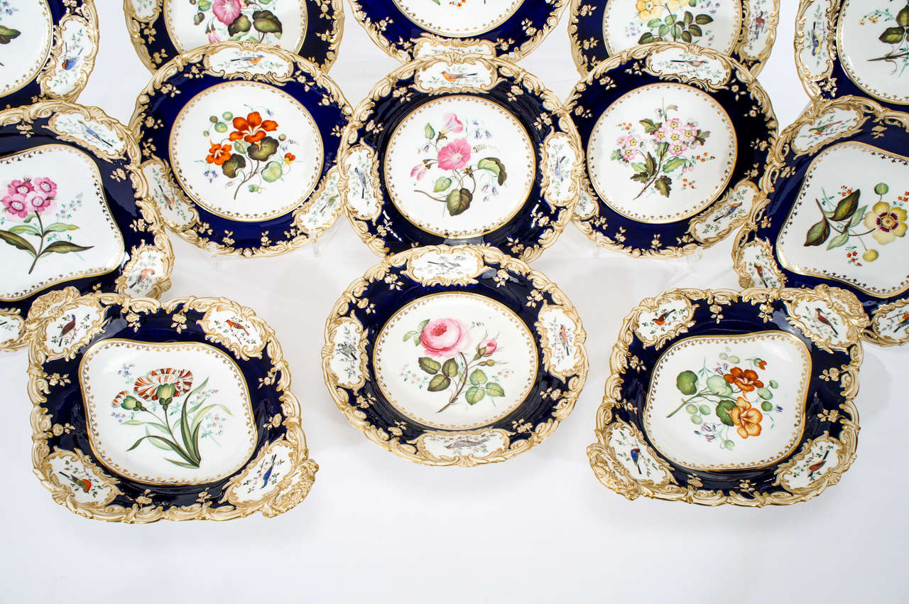 British 19th Century Hand Painted Botanical Dessert Service with Hand Painted Birds