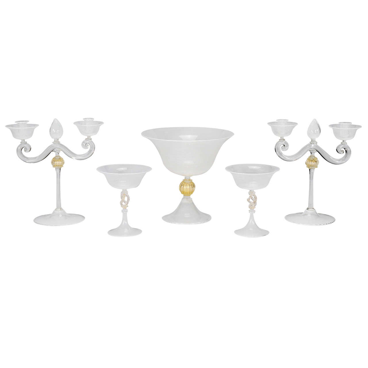 Cenedese, ensemble de centre de table de 5 pièces en verre de Murano avec fils blancs