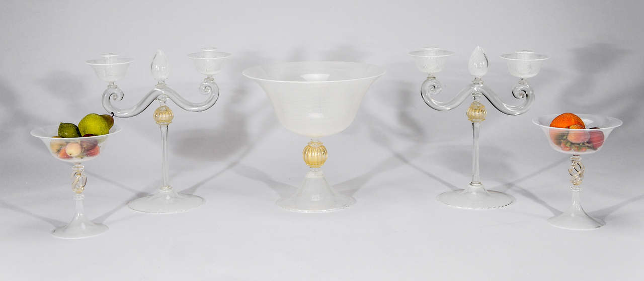 Italian Cenedese, Murano 5 Piece Table Centerpiece Set with White Threading For Sale