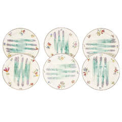 Set of Six Longchamps French Barbotine/Majolica Handpainted Asparagus Plates