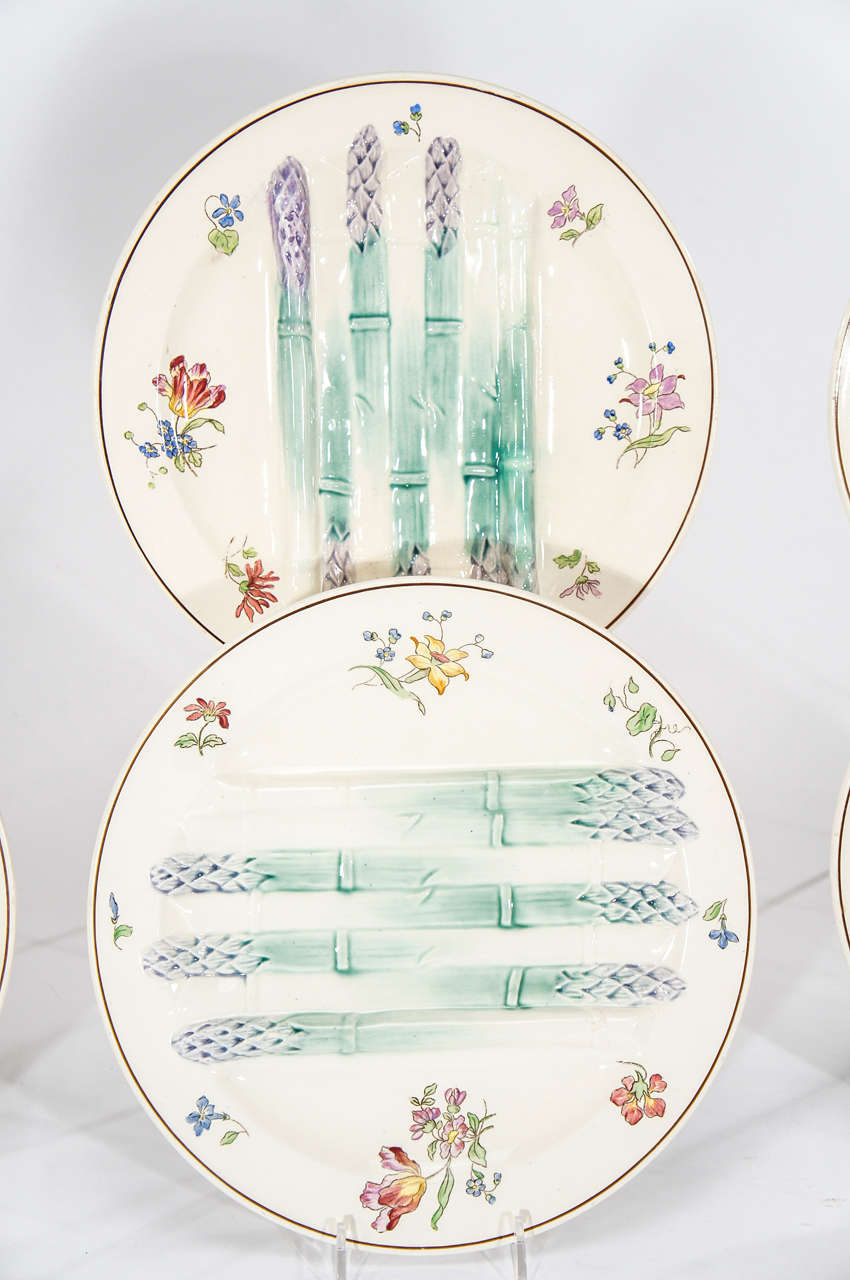 20th Century Set of Six Longchamps French Barbotine/Majolica Handpainted Asparagus Plates