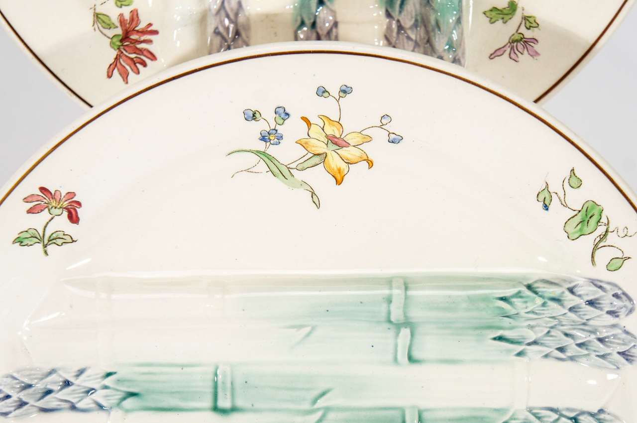 Set of Six Longchamps French Barbotine/Majolica Handpainted Asparagus Plates 2