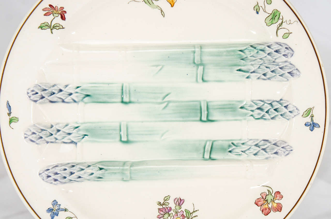 Set of Six Longchamps French Barbotine/Majolica Handpainted Asparagus Plates 3