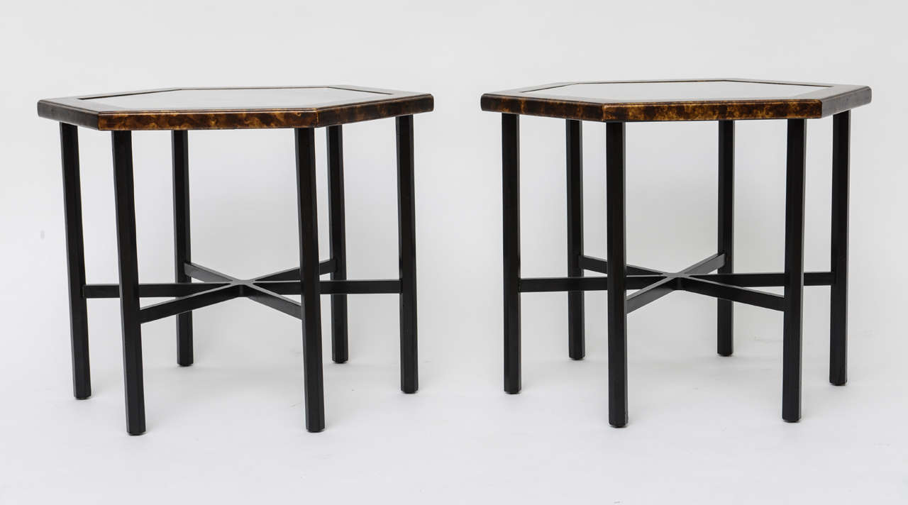 Hollywood Regency Pair of Widdicomb Hexagonal Faux Tortoise Occasional Tables