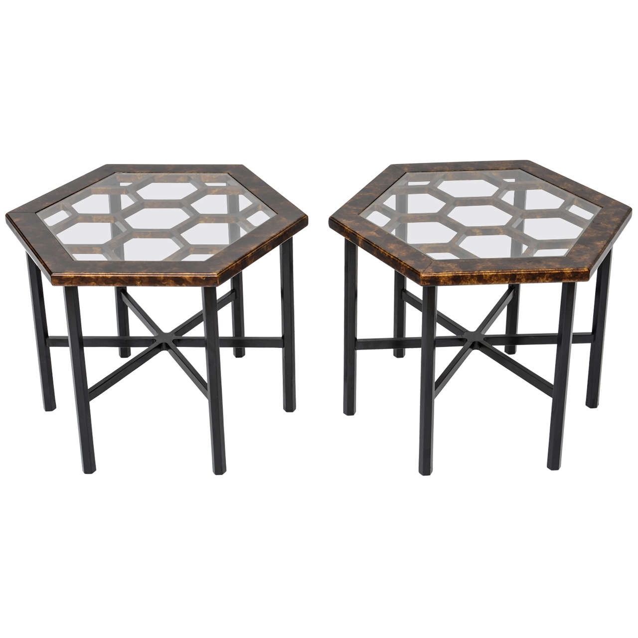 Pair of Widdicomb Hexagonal Faux Tortoise Occasional Tables