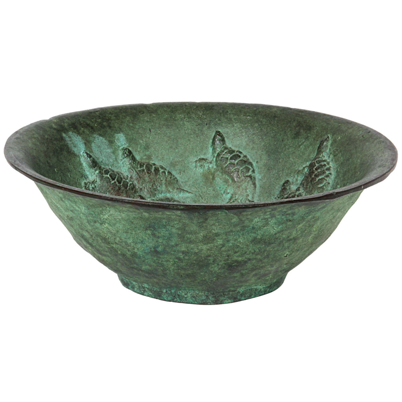 E. T. Hurley Arts & Crafts "Swimming Turtles" verdigris bronze bowl 1926 For Sale