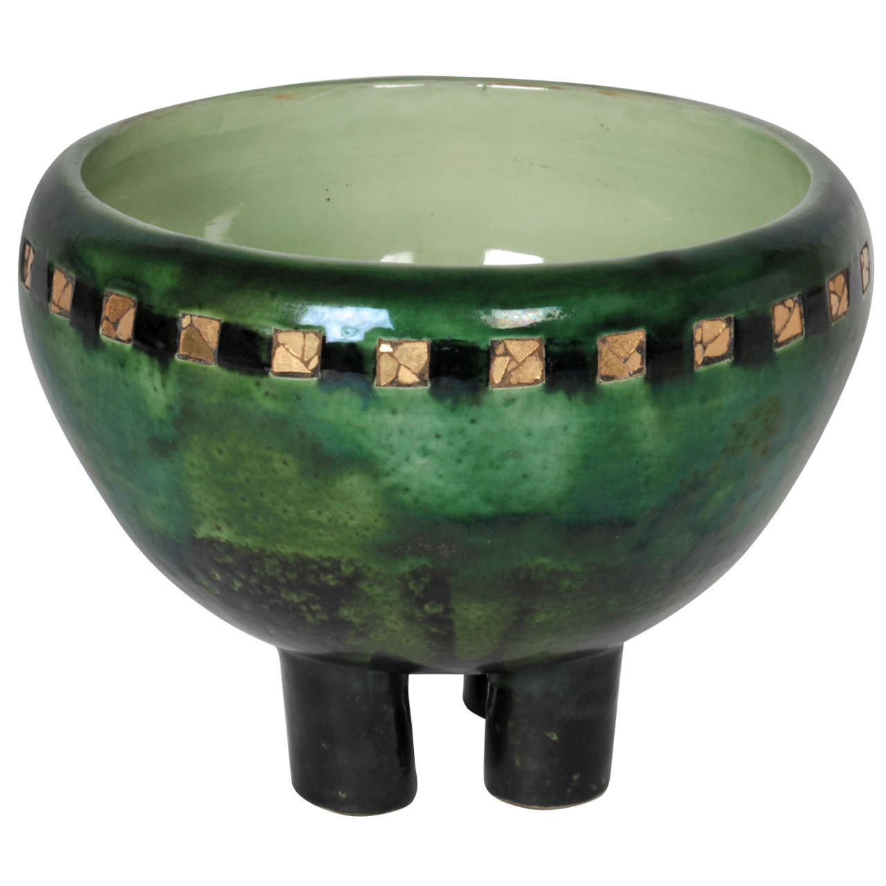 Max Läuger Germany Rare Jugendstil footed bowl inlaid with gold mosaic 1906 For Sale