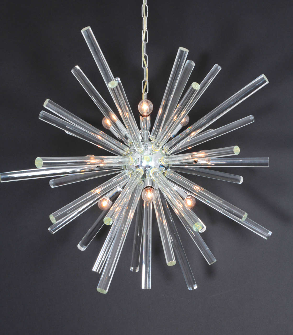 Bakalowits & Söhne (founded 1845 in Vienna)

“Starburst” chandelier  c.1970’s

Crystal rods of varying lengths with nine lights, 
chromium-plated metal ceiling cap and spherical chandelier parts.

Ceiling to drop length: 46 1/2