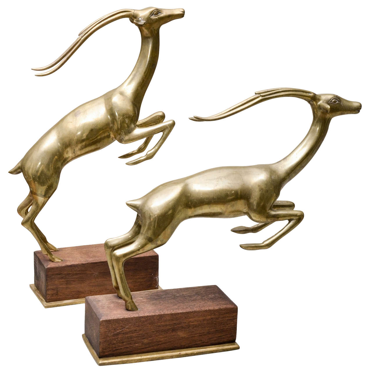 Pair of Brass Gazelles on Wood Stands For Sale