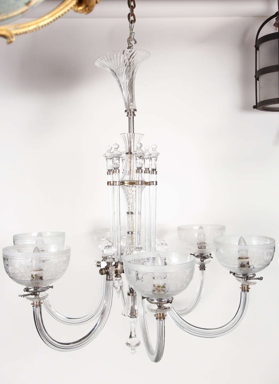 2003 excellent replica of an Osler gas chandelier with six lamps, very good quality: All glass with brass fittings, electrified. This can be seen at our 400 Gilligan St location in Scranton, PA. 