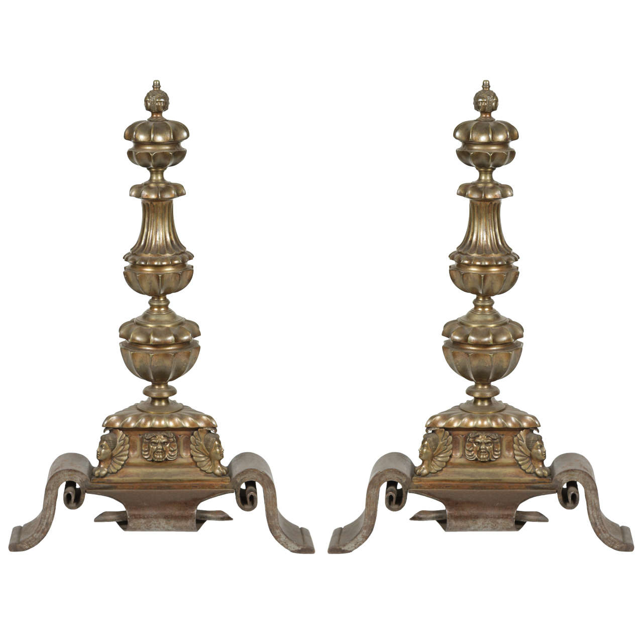 Pair of Bronze and Cast Iron Figural Andirons
