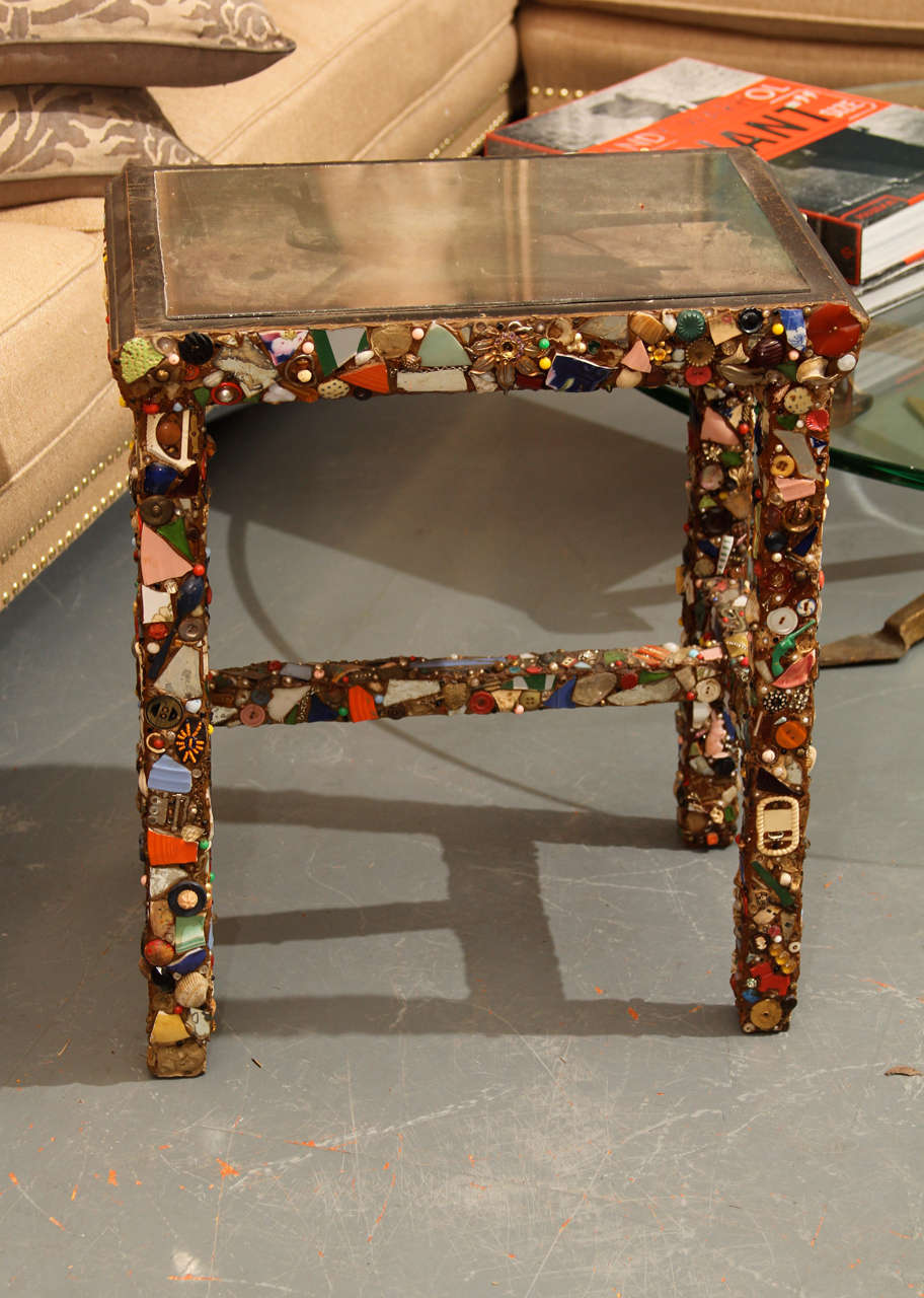 Wonderful Folk Art memory side table. Attached mirror top, great colors.