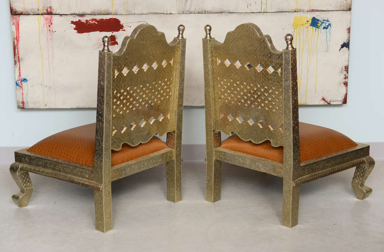 20th Century Pair of Repousse Metal Chairs with Leather Upholstery