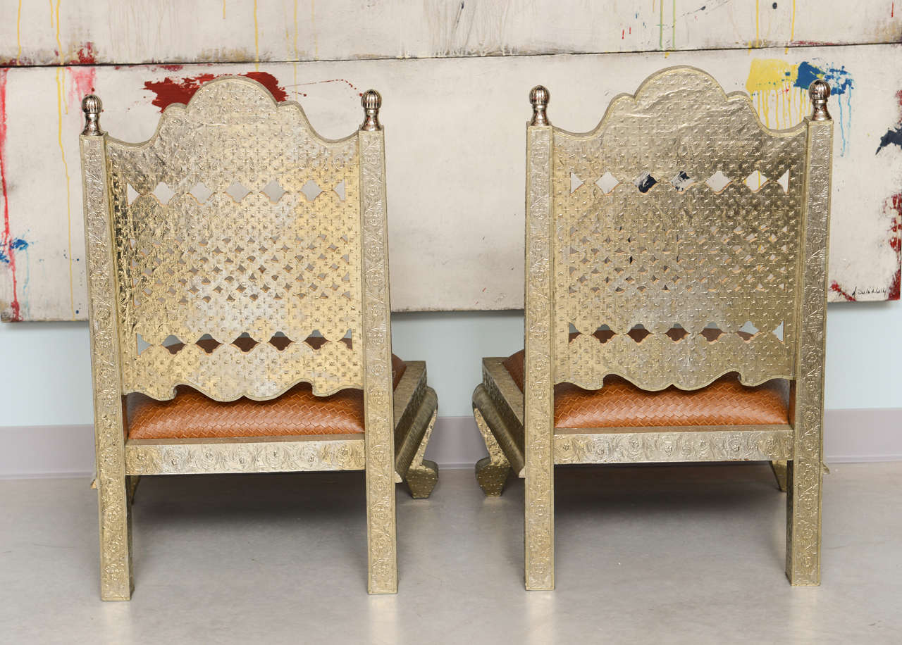 Pair of Repousse Metal Chairs with Leather Upholstery 1