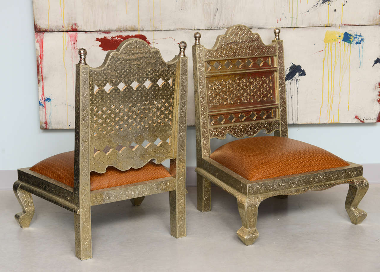 Pair of Repousse Metal Chairs with Leather Upholstery 2