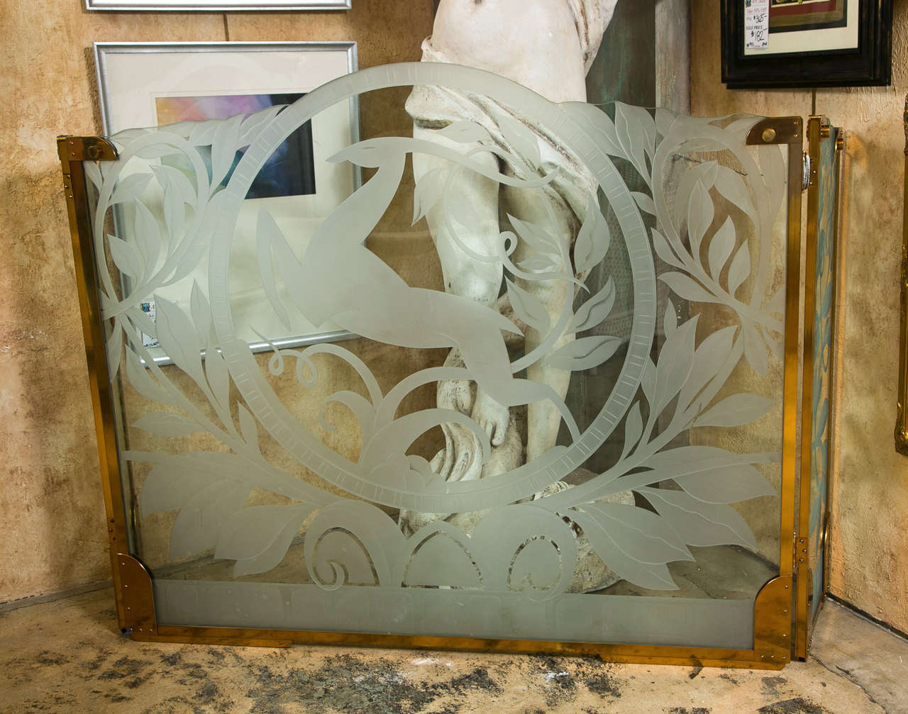 Art Deco Etched Glass Panels / Firescreen by Dennis Abbe In Good Condition In Stamford, CT