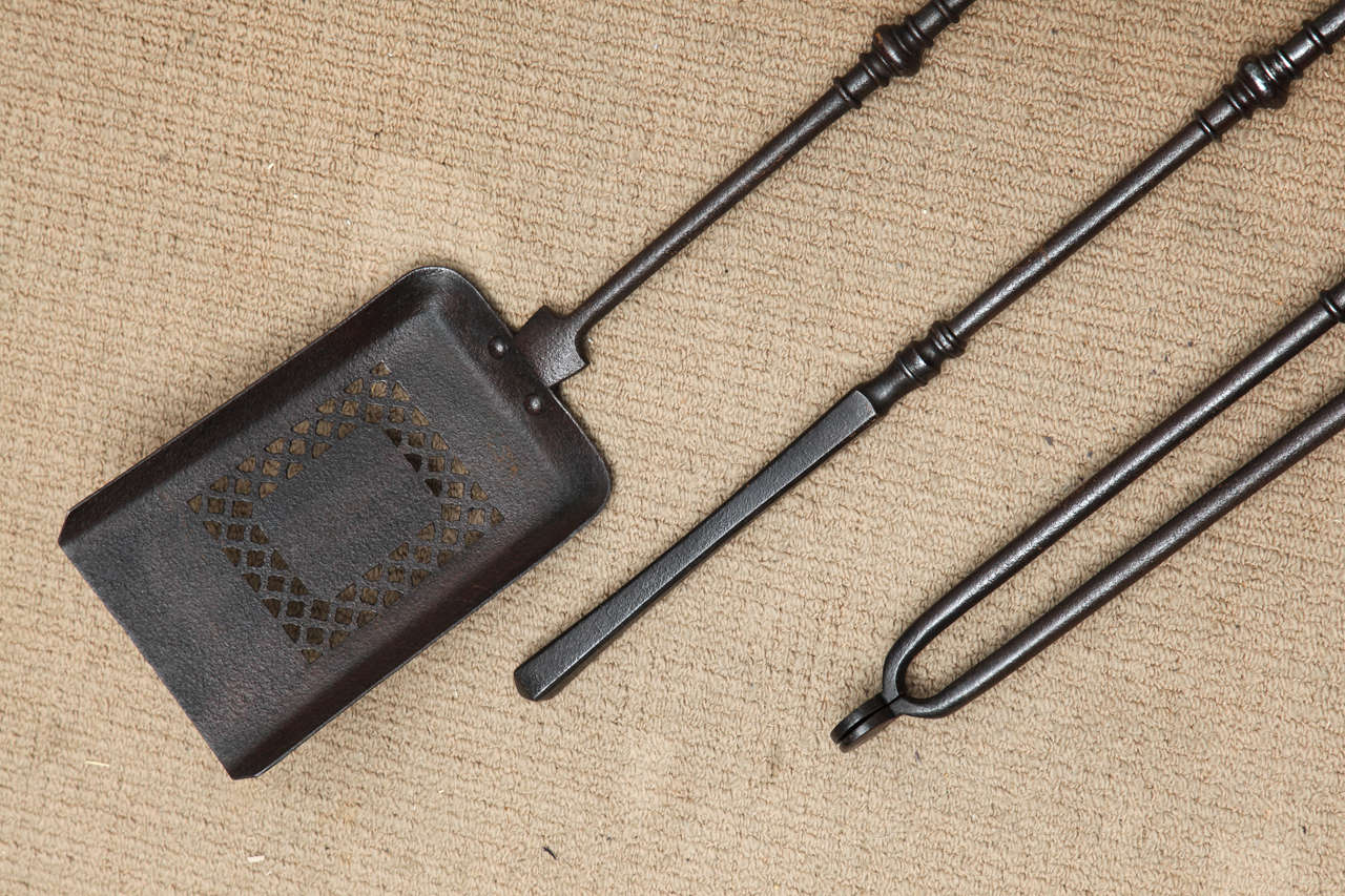 English Set of George III Two Tone Steel Fire Tools