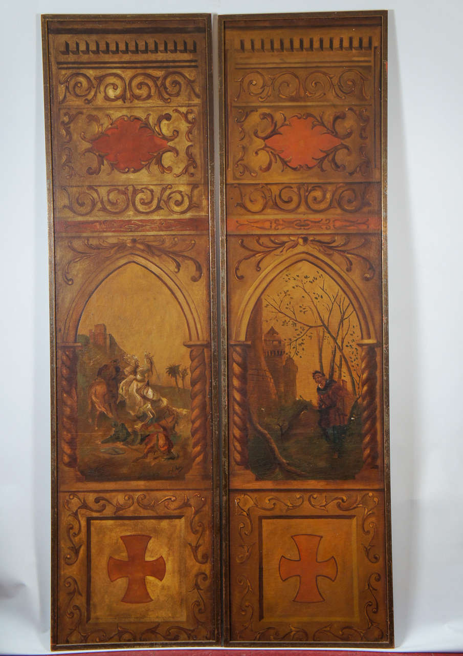 The panels are painted on canvas and have separate wood backing and frames. The pictures within Gothic arches and columns depict scenes from The Crusades Based Upon the stories of Sir Walter Scott. Red crosses at the bottom also represent The