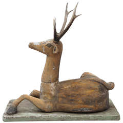 Folk Art Carved Wooden Deer with Antlers, Early 20th Century