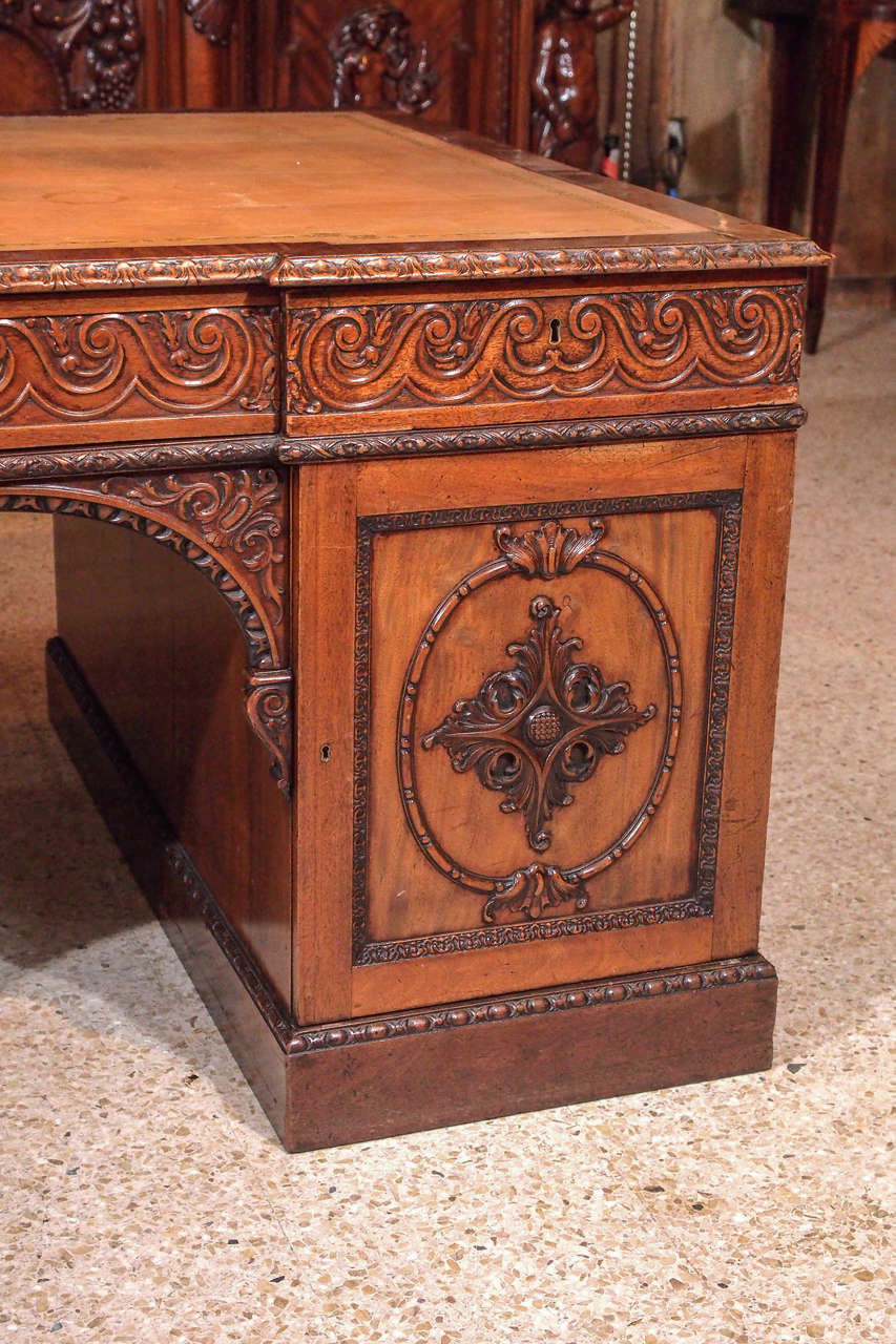 19th Century Antique English Carved Walnut Pedestal Desk, circa 1880-1890