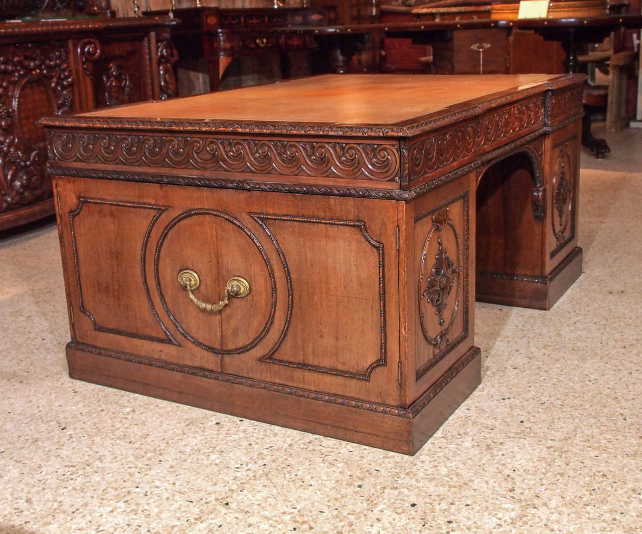 Antique English Carved Walnut Pedestal Desk, circa 1880-1890 4