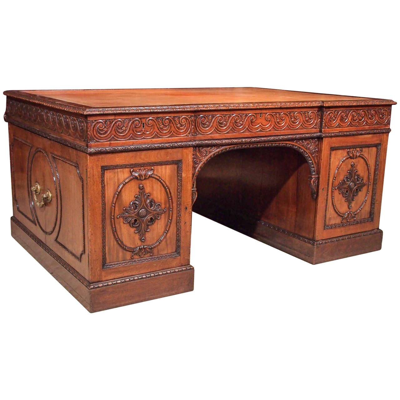 Antique English Carved Walnut Pedestal Desk, circa 1880-1890