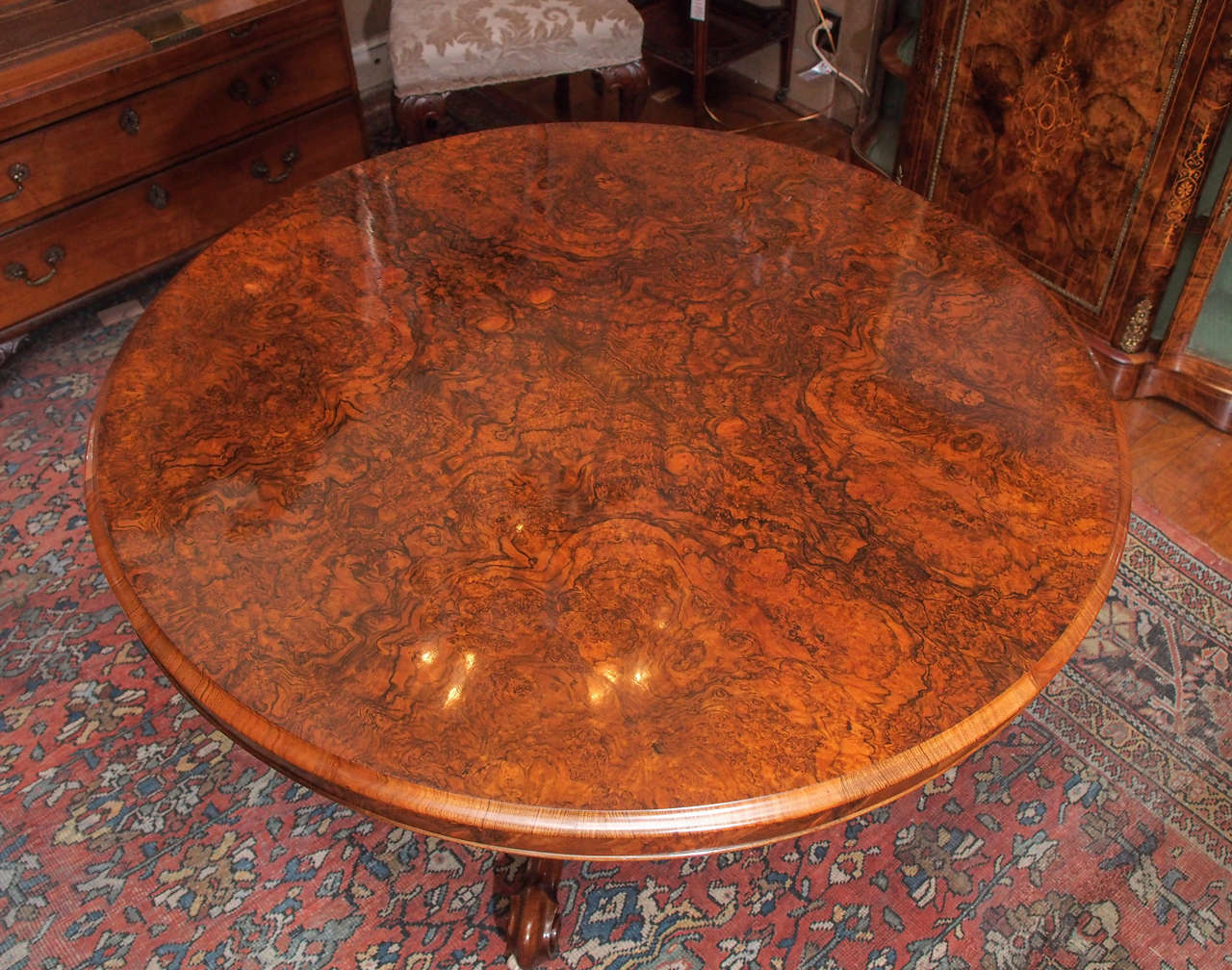 Antique English Burled Black Walnut Center Table circa 1860-1880 In Excellent Condition In New Orleans, LA