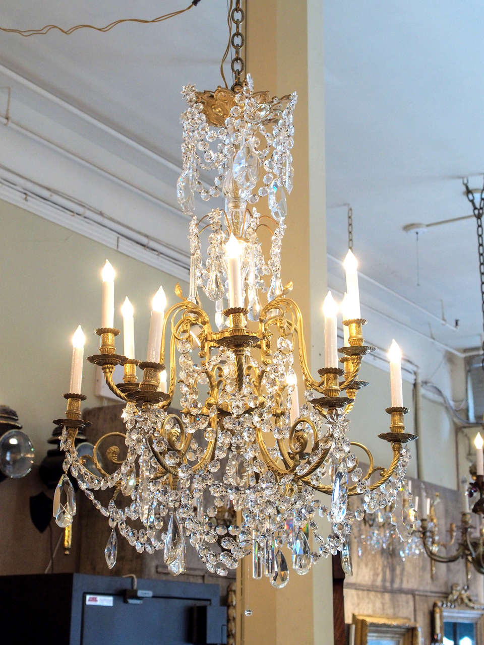 Antique French crystal and bronze Baccarat chandelier, circa 1890-1900. Richly draped.