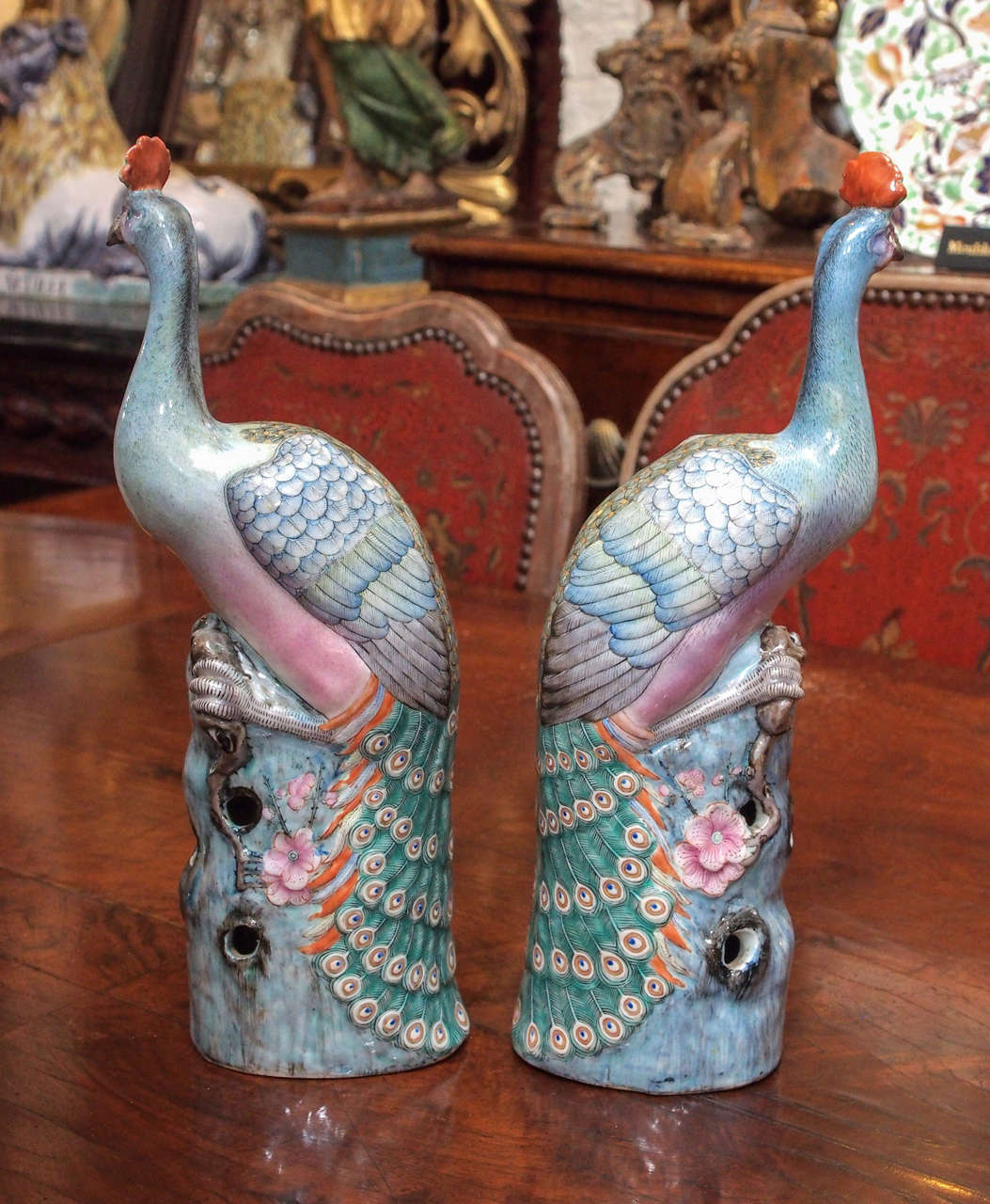 Pair of Chinese Export Famille Rose Peacocks form the late 19th early 20th c.