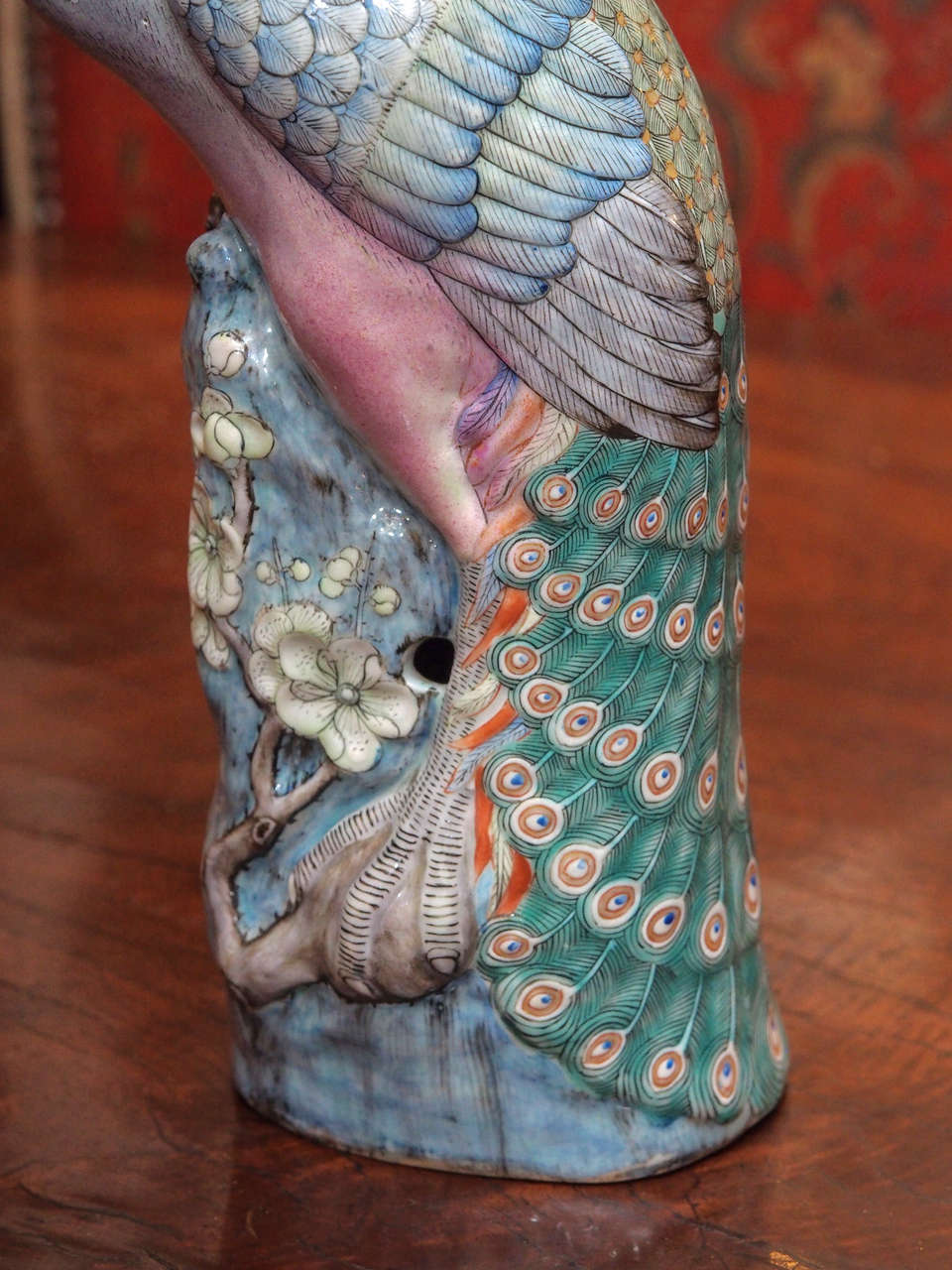 Porcelain Pair of Chinese Export Famille Rose Peacocks