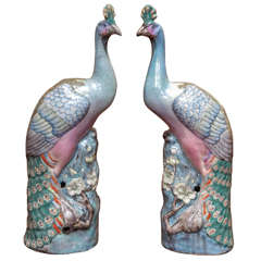 Pair of Chinese Export Famille Rose Peacocks