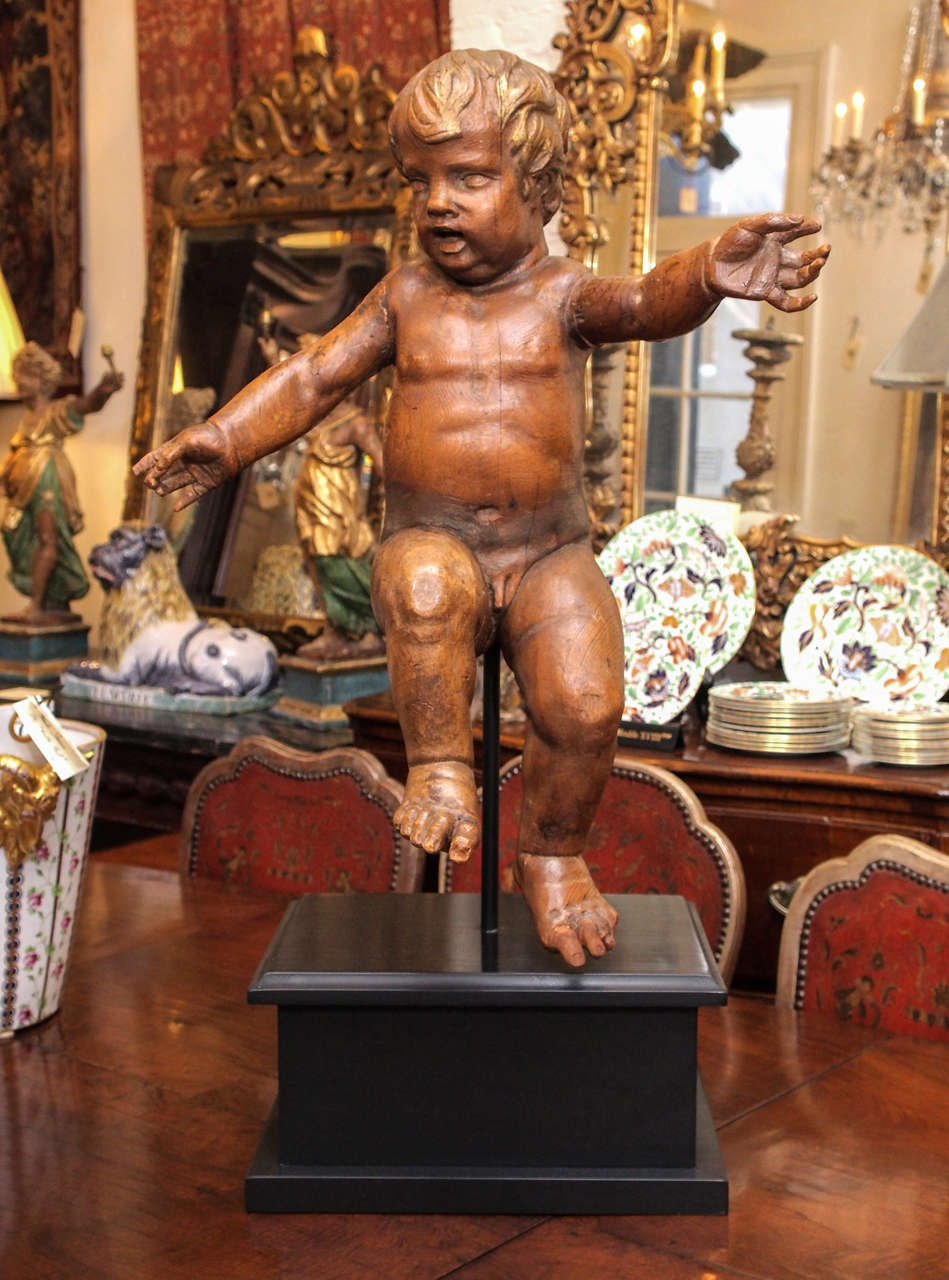 18th century Carved Walnut Putti Now mounted on later wooden ebonized base.
