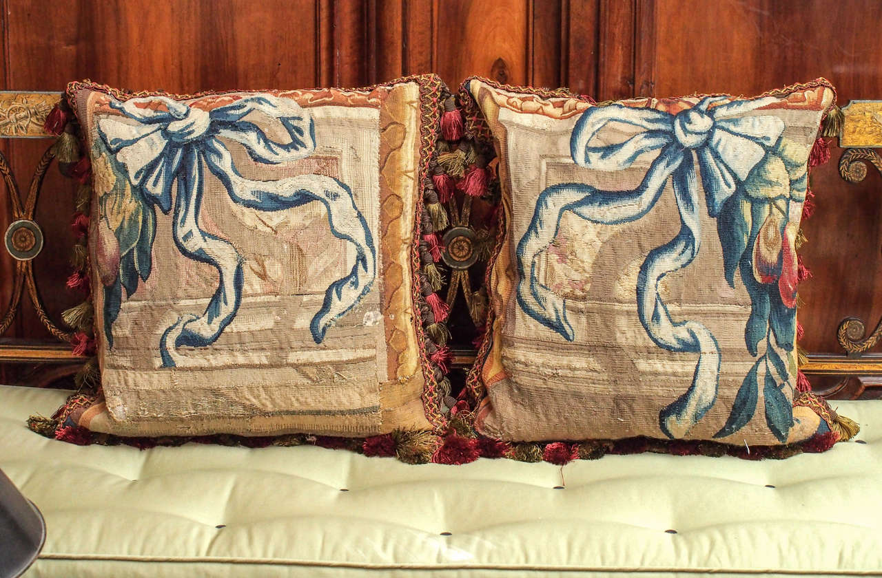 Pair of 17th Century, Aubusson Tapestry Fragments Now as Pillows