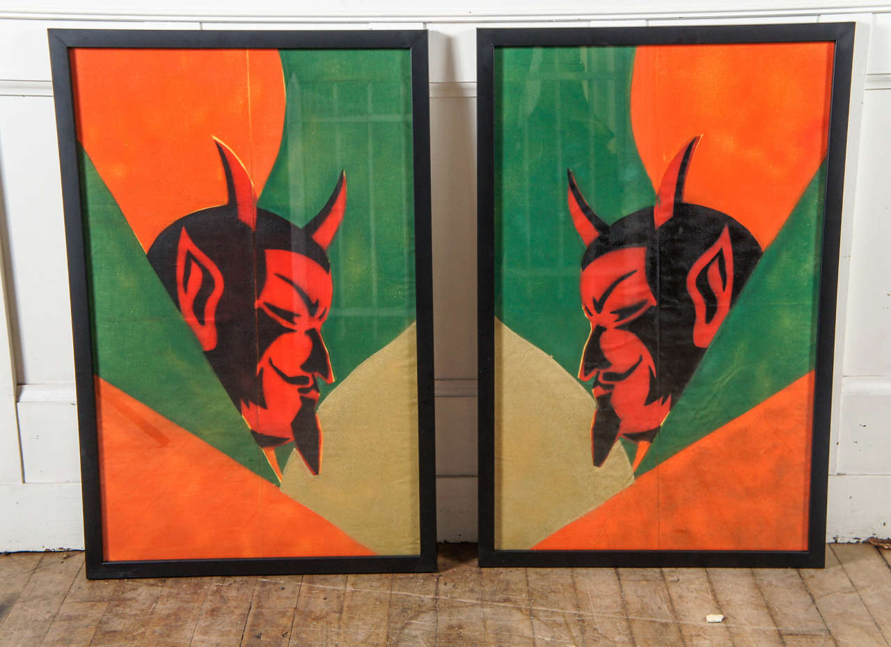 pair of silk screen devils - from The Reithoffer Shows / Amusements of the 60's - a left and right profile - allegedly hung at the entrance to the final event of the show